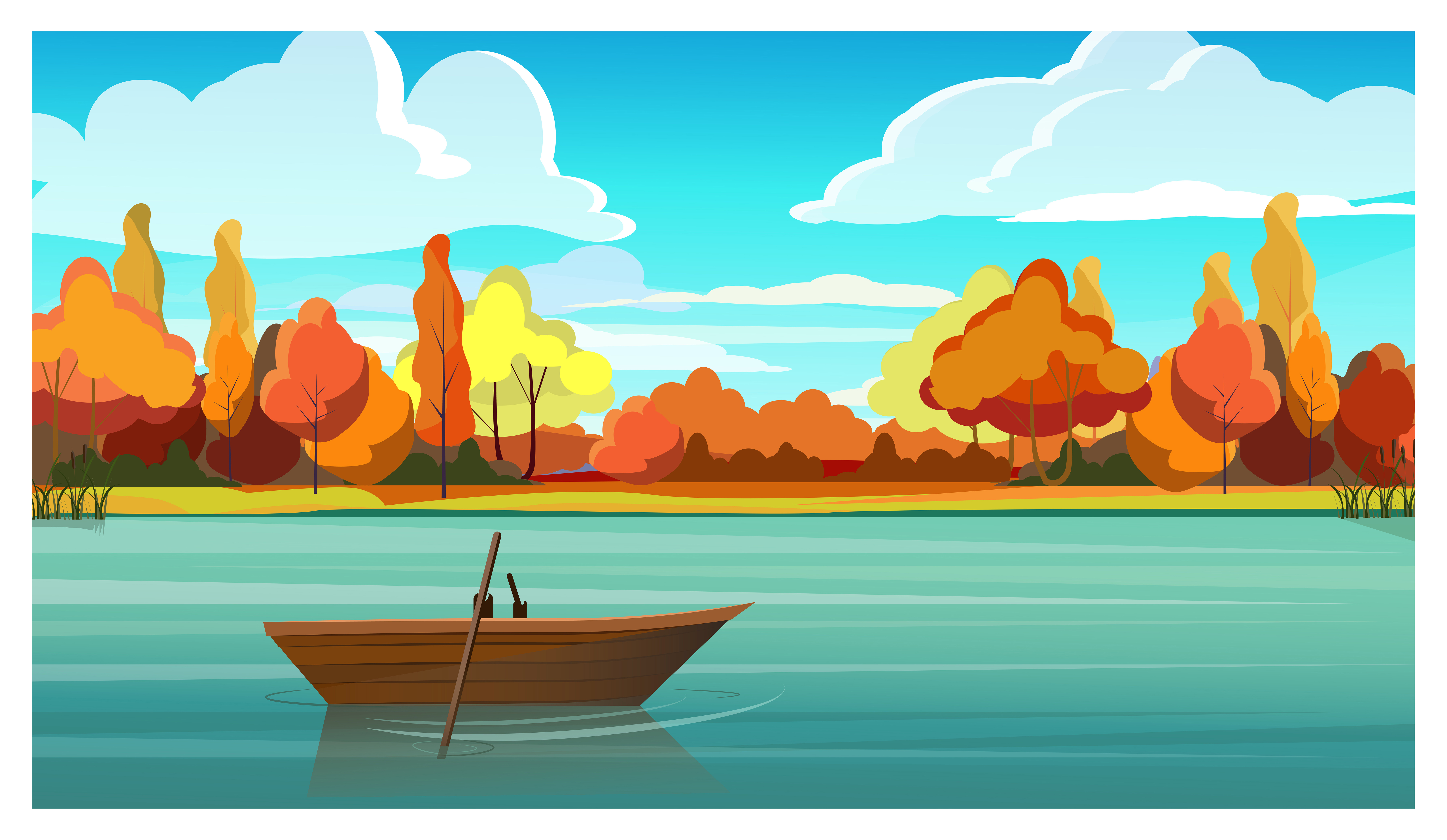 Lake with empty boat and autumn trees in background